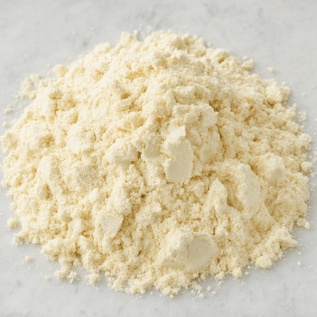 A small mound of fine, pale cream-colored protein powder with a loose, slightly clumpy texture.