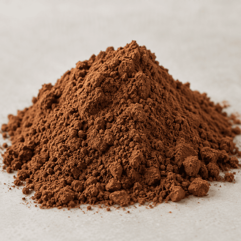 Fine, loose chocolate-brown powder forms a small mound with a soft, slightly clumpy texture.
