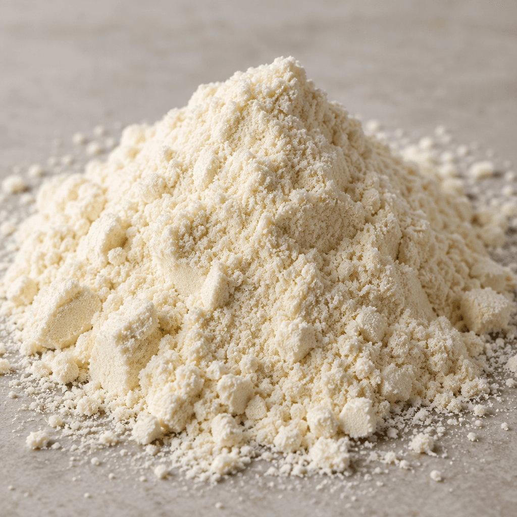 A mound of fine, pale cream-colored whey protein powder with a soft, slightly grainy texture, loosely piled on a surface.