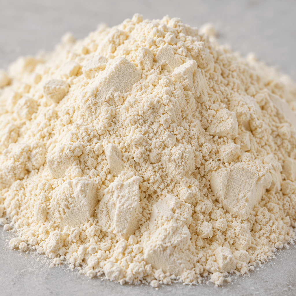 A fine, loose, pale cream-colored protein powder with a soft, slightly clumpy texture.