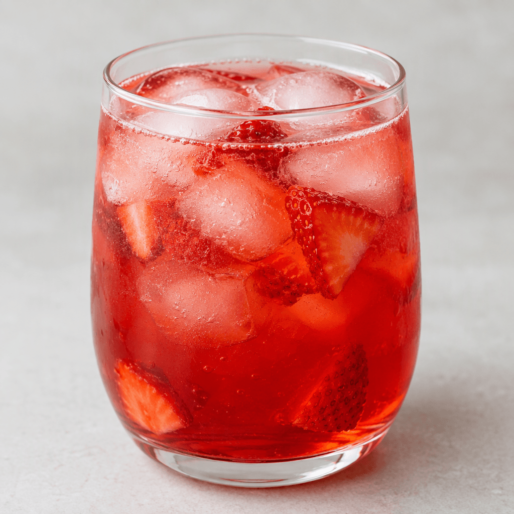 A translucent ruby-red strawberry drink with a few pale ice cubes and small strawberry pieces, served in a clear glass.