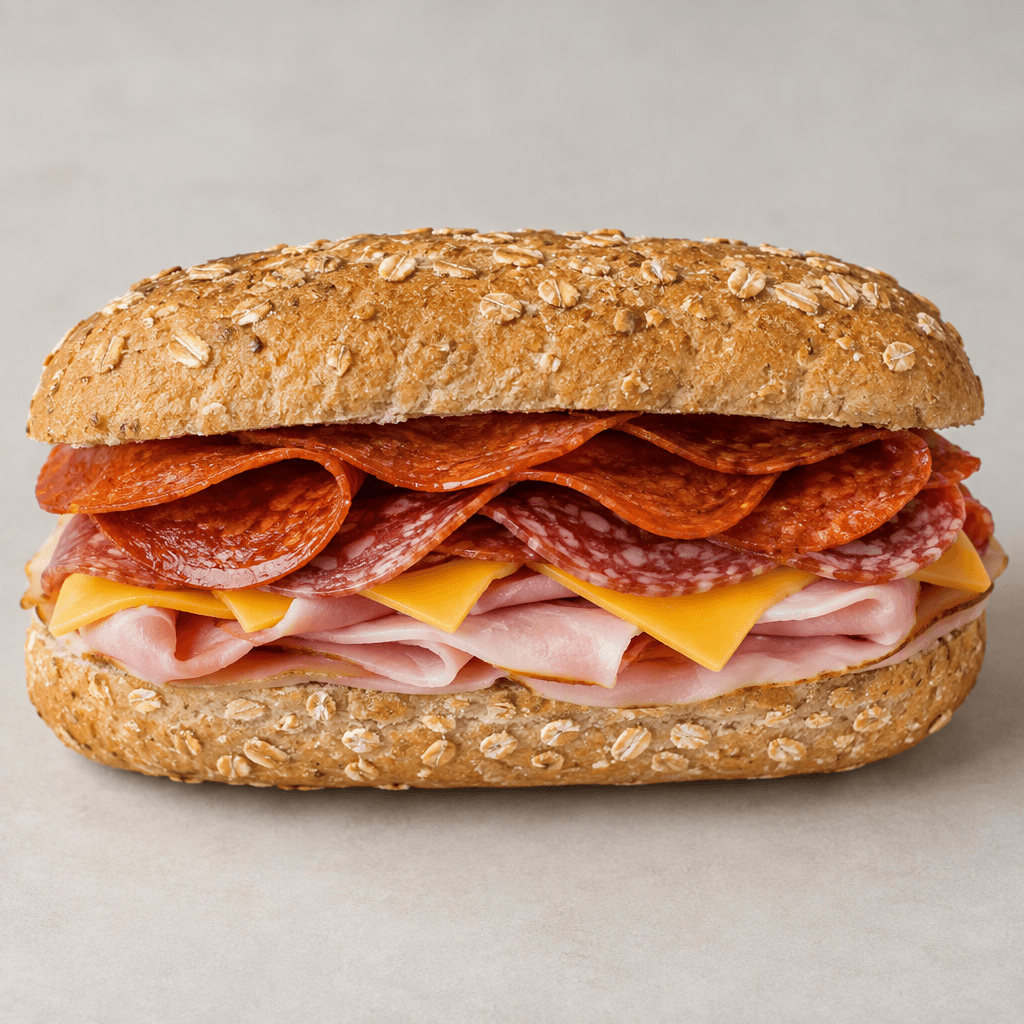 Hafif kızarmış, üzeri yulaf taneleriyle kaplı uzun ekmeğin arasına pembe jambon, koyu kırmızı salam ve pepperoni dilimleri ile sarı-turuncu cheddar peyniri üst üste yerleştirilmiş.