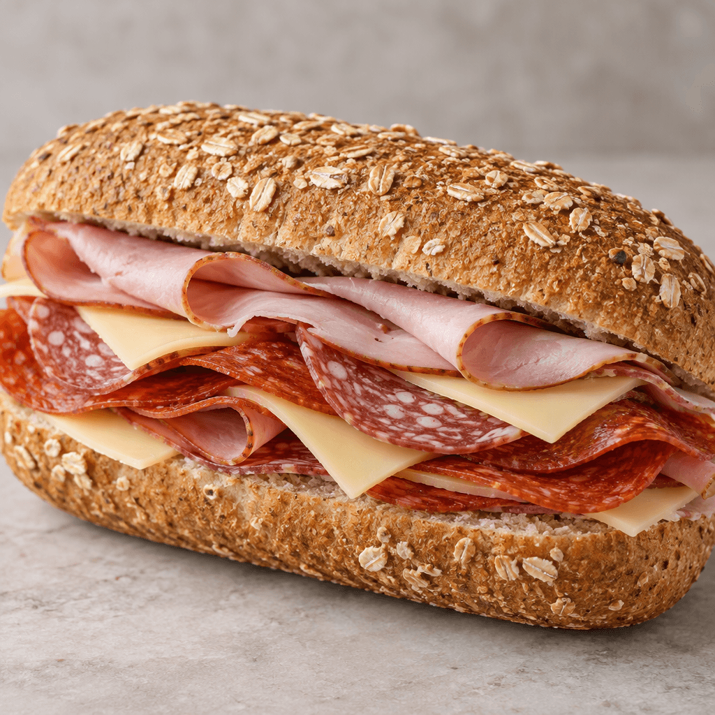 Üzeri yulaf taneleriyle kaplı uzun, esmer ekmek ikiye yarılmış; içinden pembe jambon ile koyu kırmızı salam ve pepperoni dilimleri, aralarında soluk sarı cheddar peyniri görünüyor.