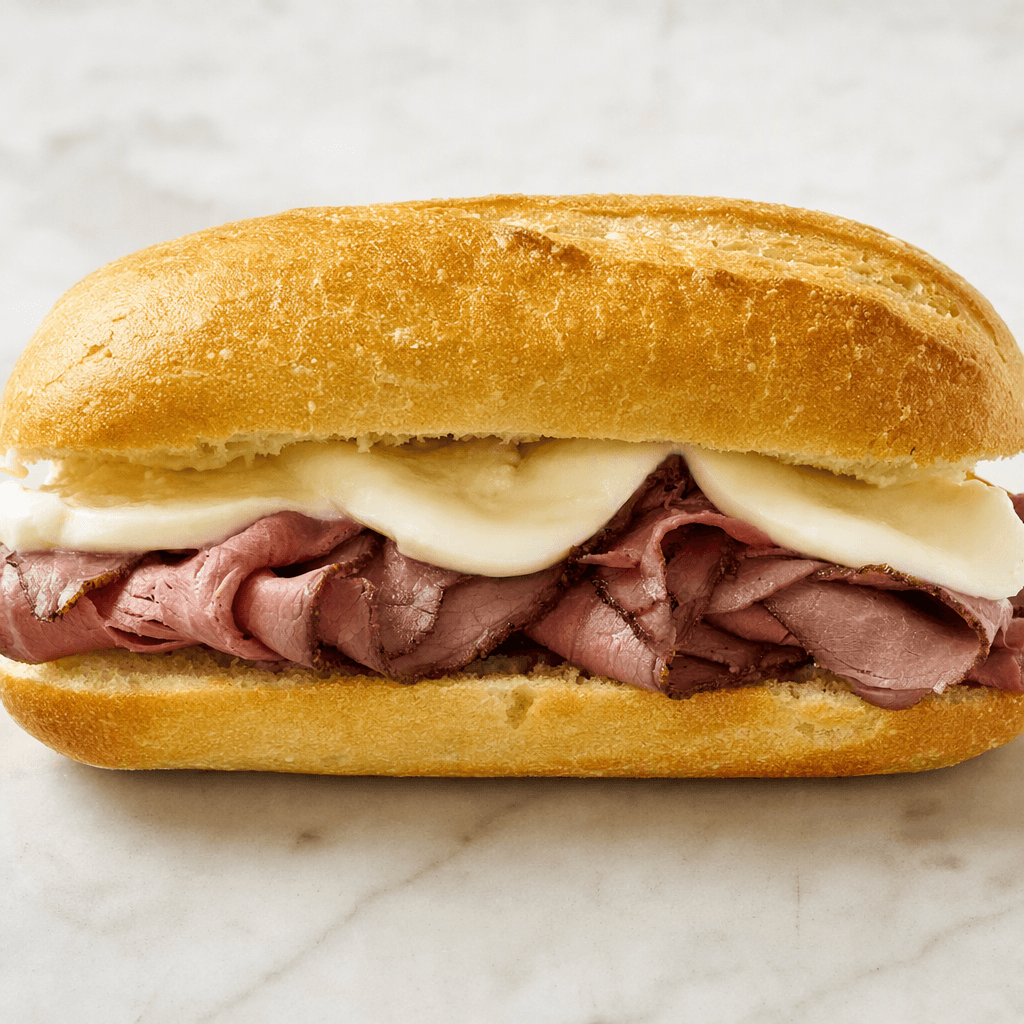 Uzunlamasına yarılmış, altın renginde hafif dokulu ekmeğin arasında üst üste gelen ince kızıl kahverengi rosto dilimleri ve açık krem-beyaz mozzarella görülür.