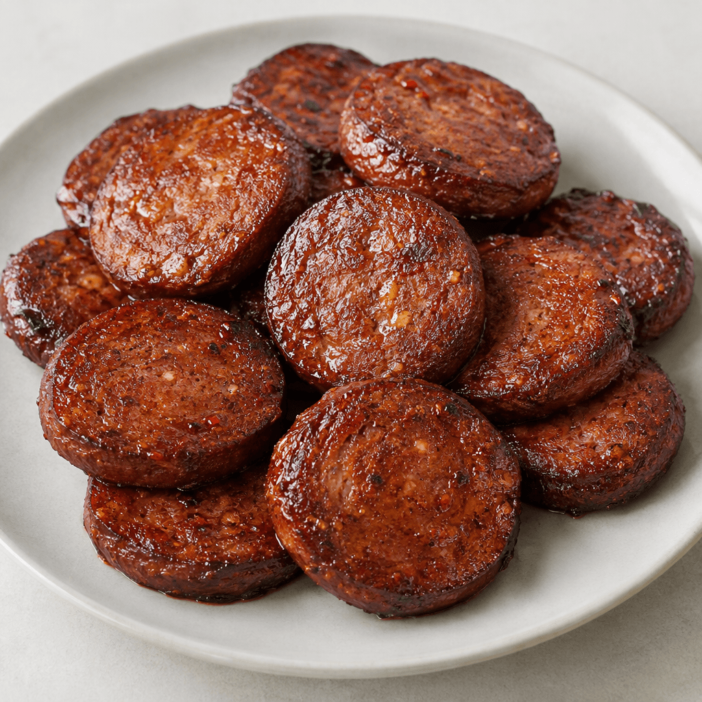 Thick, round slices of cooked sujuk with a deep reddish-brown surface, darker seared edges, a slightly glossy oily sheen, and tiny visible spice flecks, arranged on a plate.