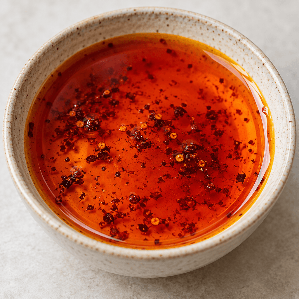 A shallow pool of glossy, translucent deep orange-red oil with a few tiny dark spice flecks.