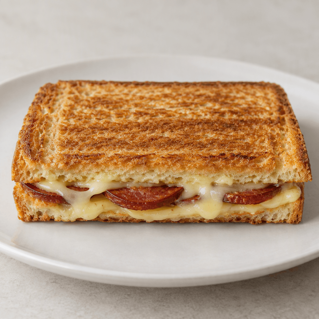 A rectangular pressed toast with evenly browned, crisp bread, its cut edge showing pale straw-yellow melted kaşar cheese and thin round slices of deep red sucuk, served on a plain plate.