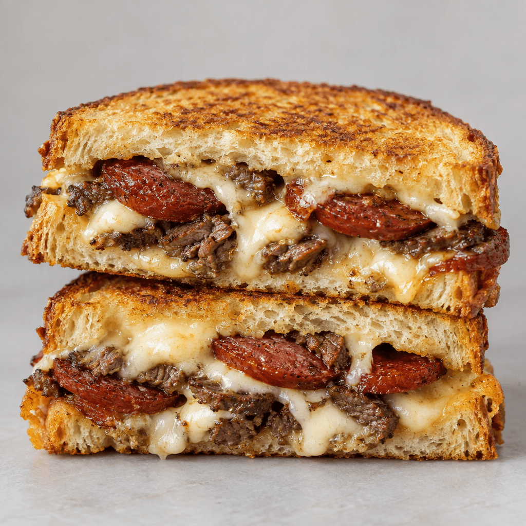 Altın renginde kızarmış, kenarları çıtır tost kesilerek içi gösterilmiş; ekmeklerin arasında açık saman sarısı erimiş kaşar, kırmızımsı kahverengi sucuk dilimleri ve kavurma parçaları görülüyor.
