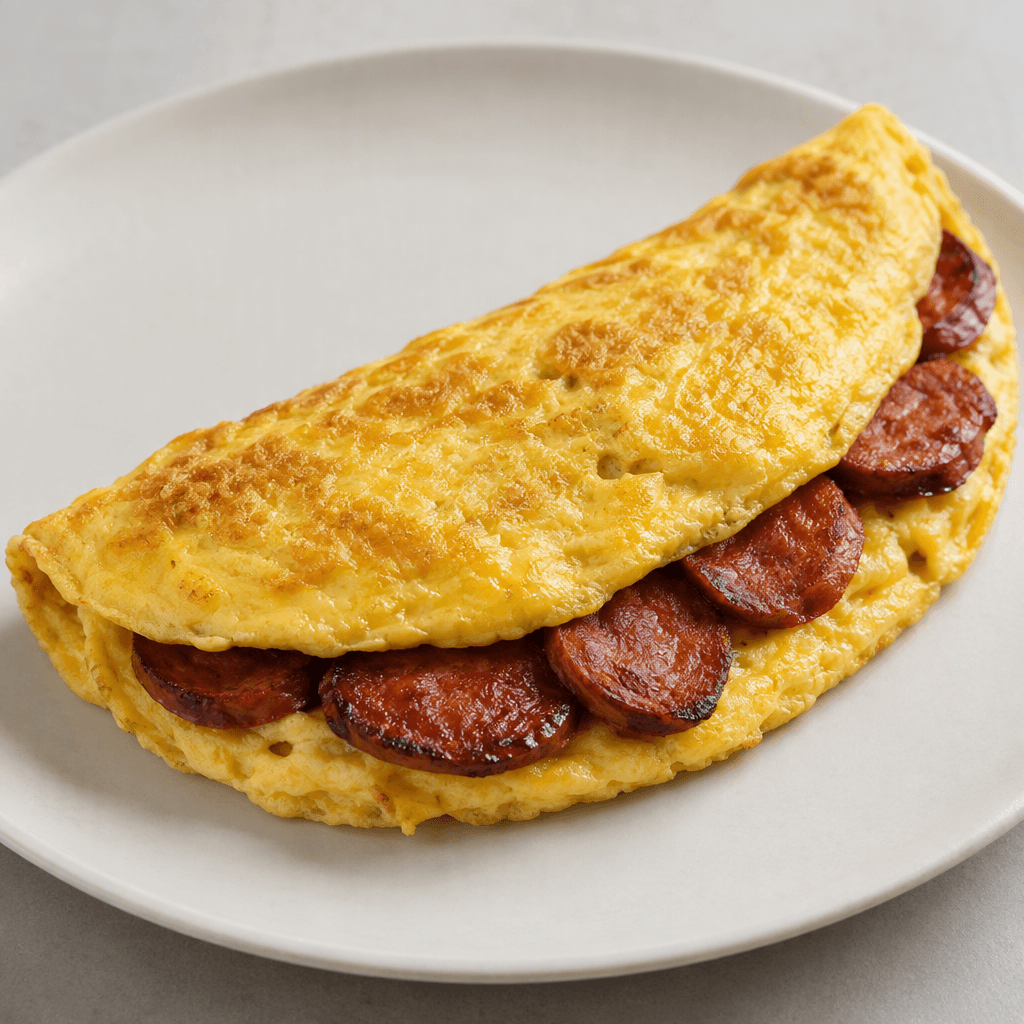 Dışı altın sarısı, içi yumuşak görünen kalın bir omlet; içinde kızarmış kırmızı-kahverengi sucuk dilimleri bulunuyor ve koyu kenarlı yuvarlak dilimlerin bir kısmı kat yerinden görünüyor, sade bir tabakta servis edilmiş.
