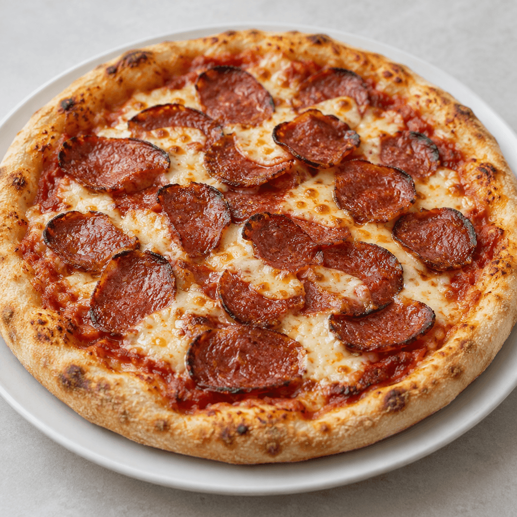 Yuvarlak pizzanın hafif kızarmış, kabarık kenarları; kırmızı domates sosu, erimiş açık saman sarısı peynir ve kenarları hafifçe kızarmış, üst üste duran ince koyu kırmızı sucuk dilimleri görünür; pizza sade bir tabakta servis edilmiştir.