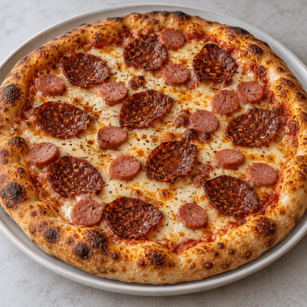 Yuvarlak pizzanın altın renginde, yer yer kabarmış kenarları; erimiş açık saman sarısı peynirin üzerinde dağınık duran, benekli dokulu kızıl kahverengi sucuk dilimleri ve küçük pembe sosis parçalarıyla kaplıdır ve tabakta servis edilir.