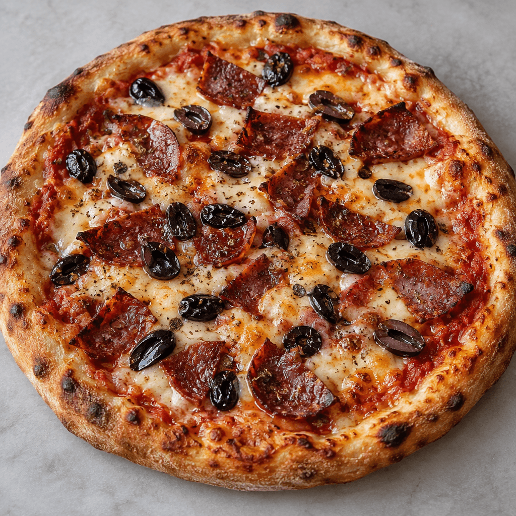 Altın rengi, yer yer kabarmış kenarlı yuvarlak pizzanın üzerinde erimiş açık sarı peynir, kırmızımsı kahverengi sucuk dilimleri, koyu renkli zeytin parçaları ve yer yer görünen domates sosu bulunuyor.
