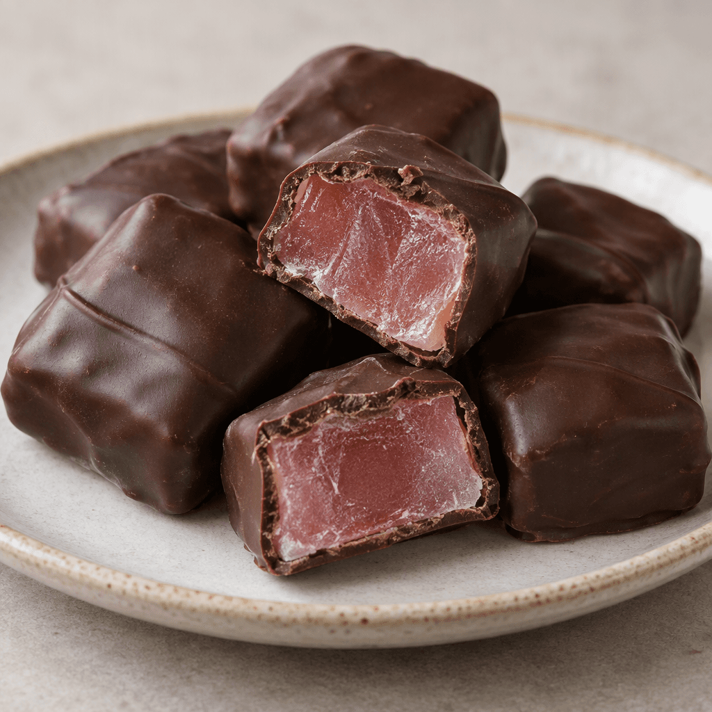 Dark brown chocolate pieces with a smooth, slightly glossy coating are cut open to show soft, translucent pink Turkish delight inside, and are arranged on a plate.