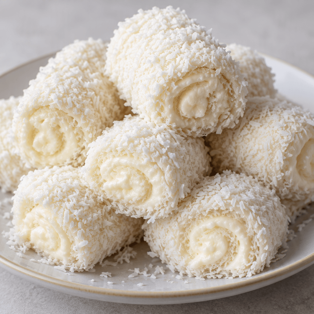 Small white rolls coated in fine shredded coconut are arranged on a serving plate, with a soft pale cream filling visible at their cut ends.