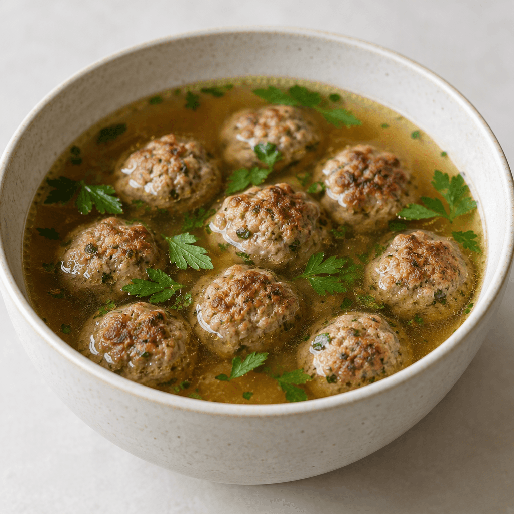 Small, round meatballs with a browned exterior are submerged in a clear golden-brown broth, served in a deep bowl with a few green herb leaves floating on the surface.
