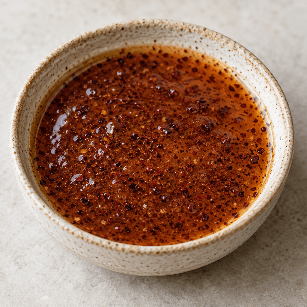 A thin, glossy reddish-brown dressing with suspended burgundy sumac flecks, pooled in a small shallow bowl.