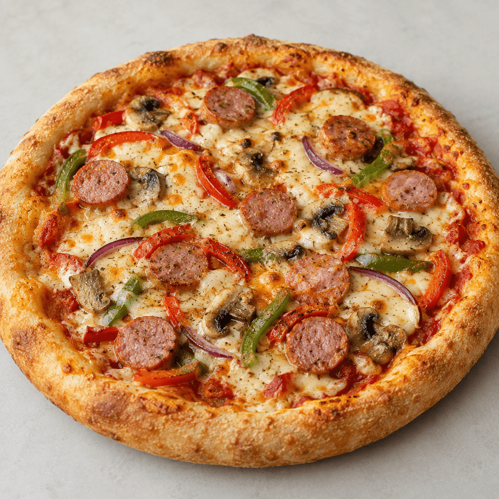 Yuvarlak pizzanın kalın, altın rengi kızarmış kenarının üzerinde erimiş açık sarı peynir, kırmızı domates sosu ve dağınık sucuk dilimleriyle sebze parçaları görülüyor.