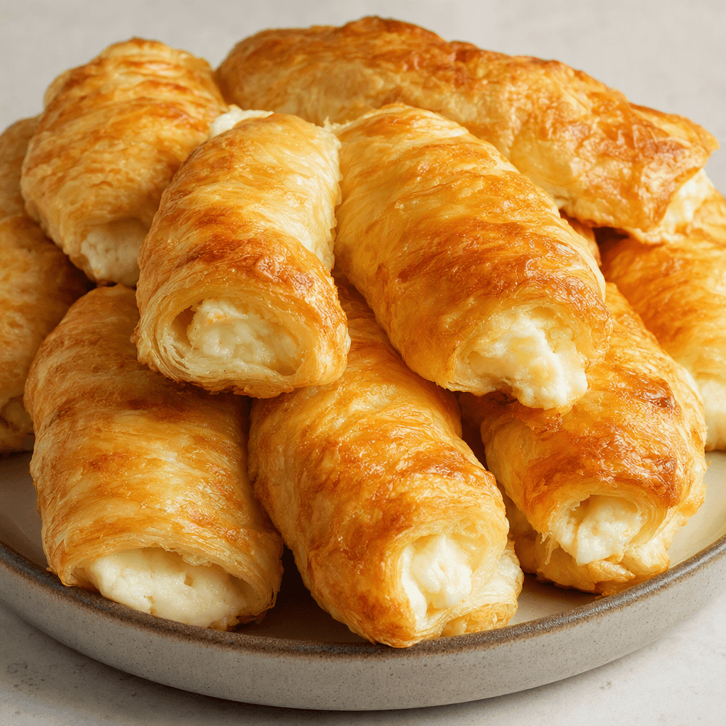 Uçlarından az miktarda açık renkli peynir harcı görünen, yüzeyi yer yer kızarmış ve kat kat hamurlu börek ruloları bir tabağa dizilmiş.