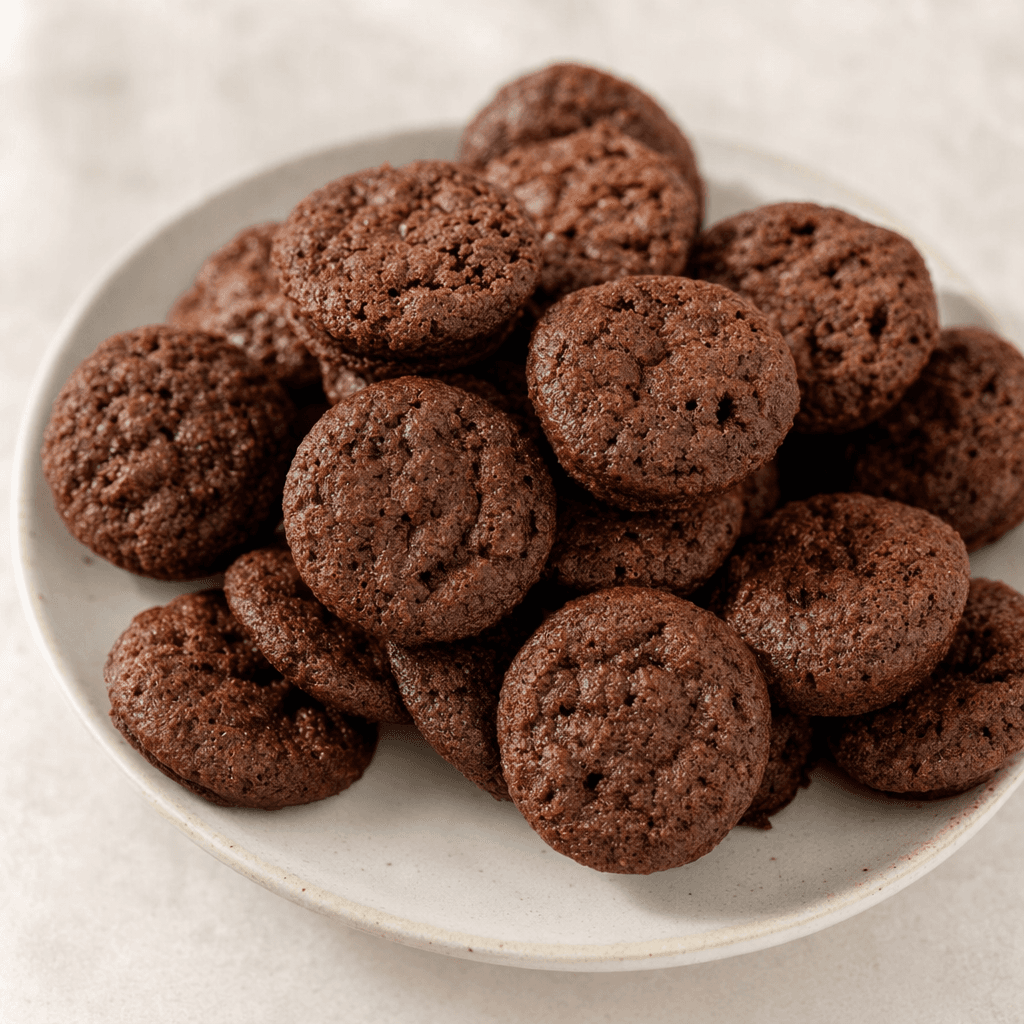 Bir tabakta bir arada sunulan, koyu kahverengi, küçük ve yuvarlak; yüzeyi hafif pürüzlü, kek dokulu browni parçaları.