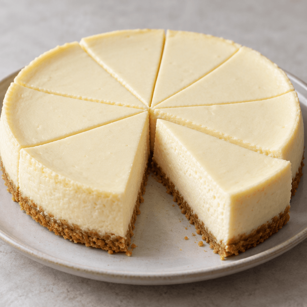 İnce, altın kahverengi bisküvi tabanının üzerinde pürüzsüz, açık krem renkli dolgusu bulunan yuvarlak cheesecake, düzgün dilimlenmiş hâlde bir tabakta servis ediliyor.