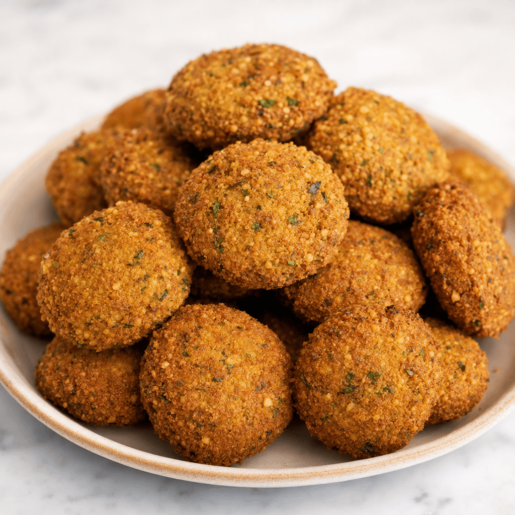 Tabakta sıralanmış, yuvarlak ve hafif basık falafel parçalarının yüzeyi pütürlü, altın kahverengi ve yer yer yeşil ot parçacıklarıyla beneklidir.