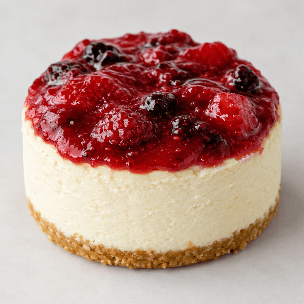 İnce, altın sarısı bisküvi kırıntılı tabanı ve pürüzsüz açık krem renkli dolgusu bulunan küçük, yuvarlak bir cheesecake’in üzeri parlak kırmızı meyve sosu ve görünen meyve parçalarıyla kaplıdır.