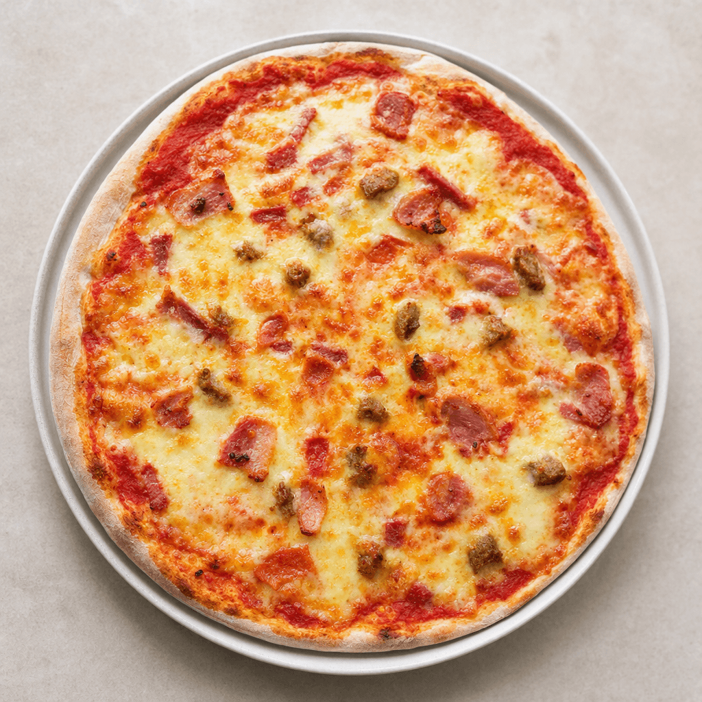 Hafifçe kızarmış ince kenarlı yuvarlak pizzanın üzerinde kırmızı domates sosu, erimiş açık sarı peynir ve dağınık küçük malzeme parçaları görülüyor; pizza tabakta bütün hâlde sunuluyor.