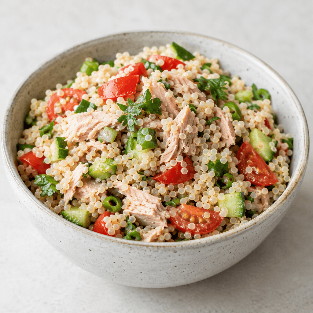 A quinoa tuna salad is served in a bowl, with small pale quinoa grains mixed with flaky pink tuna and visible pieces of red tomato and green vegetables.