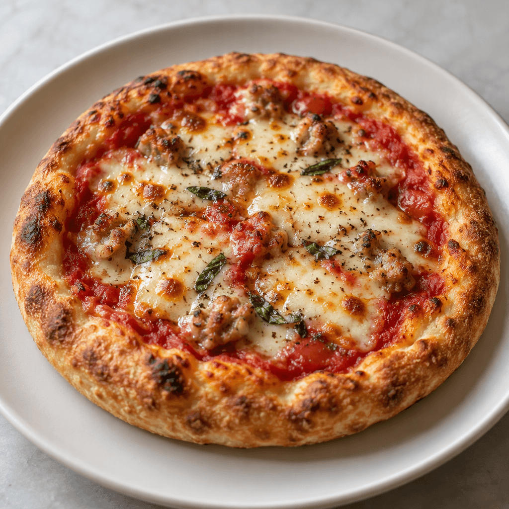 Sade bir tabakta sunulan, kenarları kabarıp altın kahverengiye dönmüş küçük yuvarlak pizzanın üzerinde kırmızı domates sosu, erimiş açık sarı peynir ve küçük topping parçaları görülüyor.