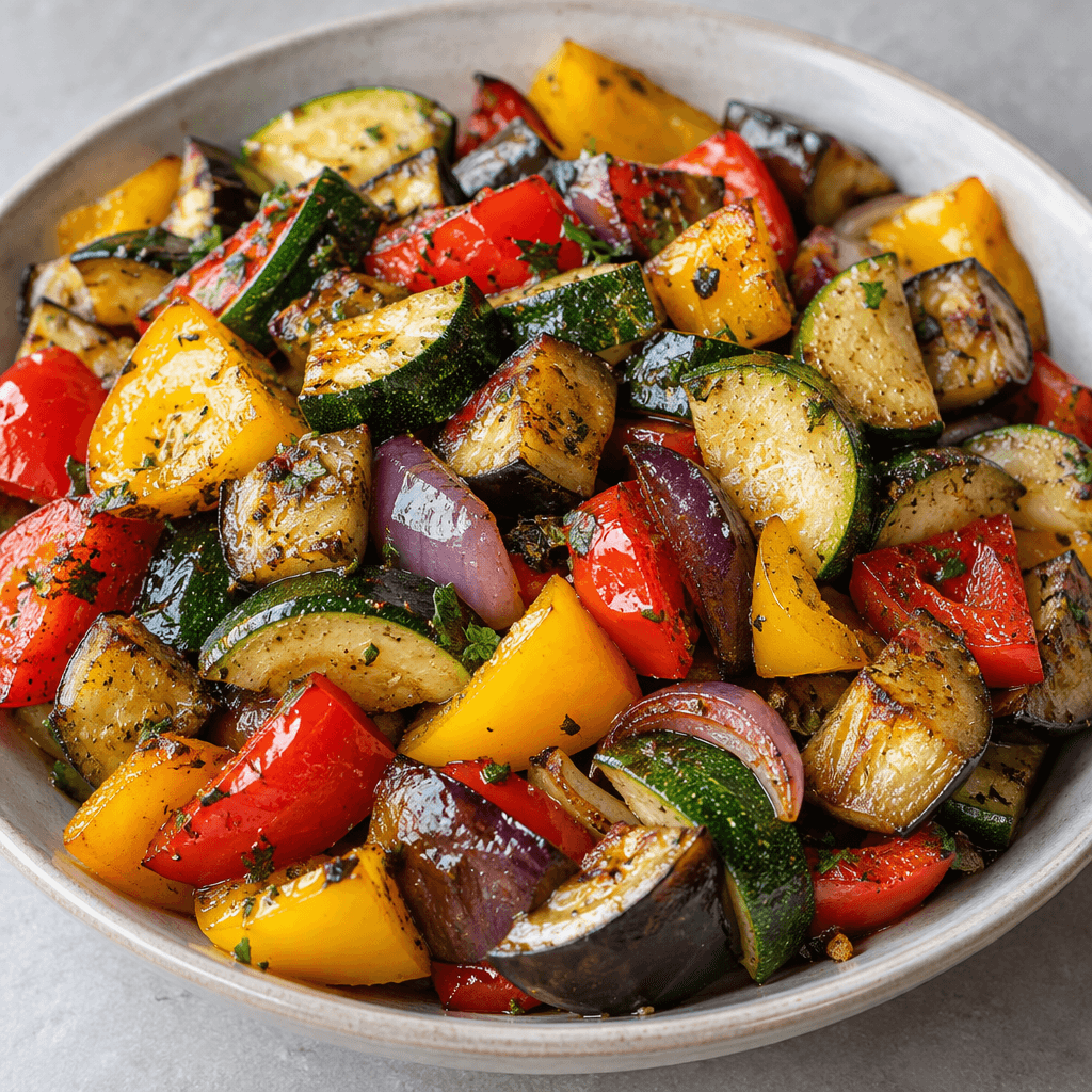 A colorful sauté of bite-sized green, red, and yellow vegetables, with glossy surfaces and lightly browned edges, served together on a plate.
