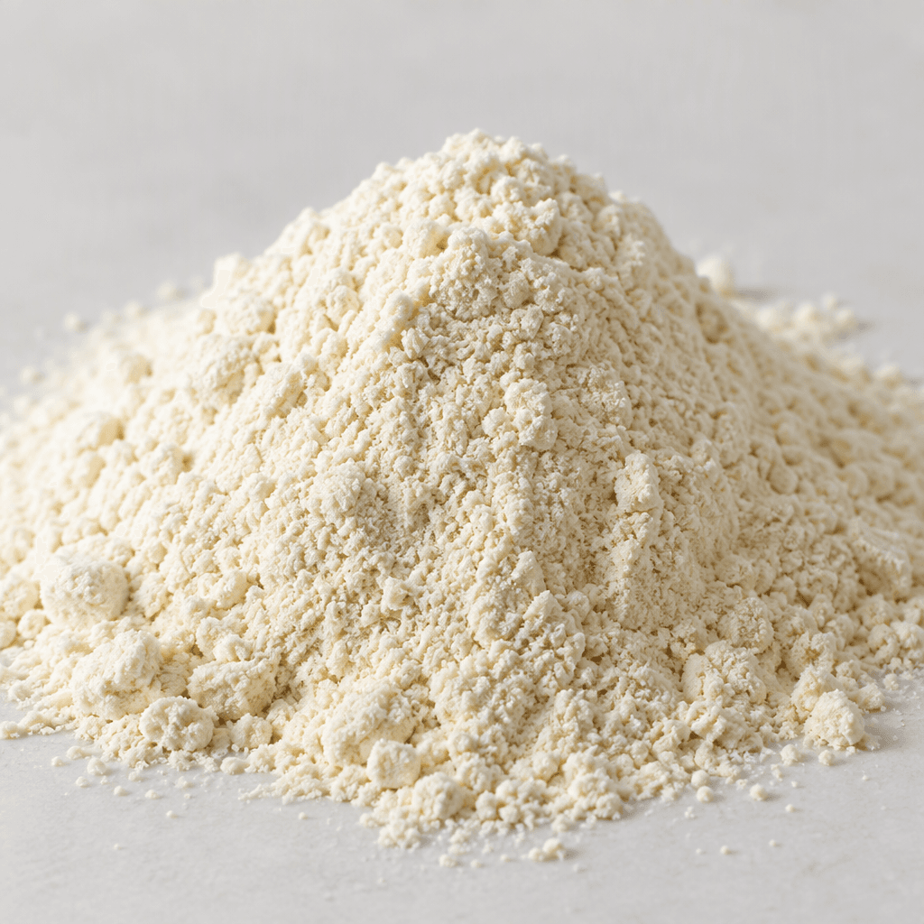 Açık krem renkli, ince ve hafif tanecikli protein tozu yumuşak bir yığın hâlinde duruyor.