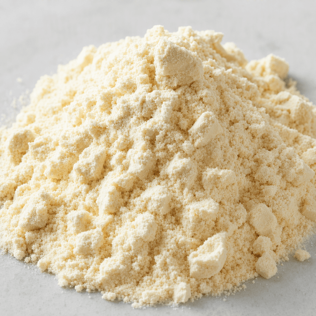 Yumuşak ve yer yer hafif topaklı dokusuyla, ince öğütülmüş açık krem renkli kuru protein tozu.