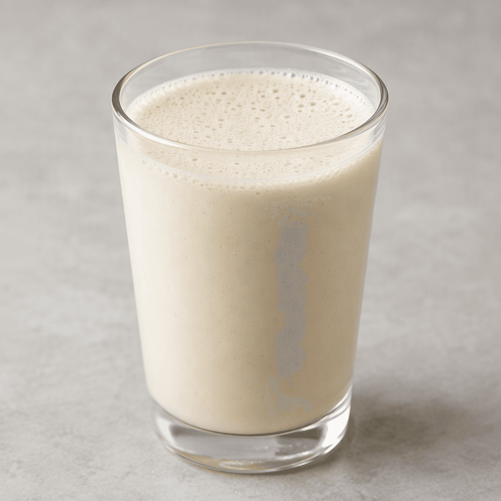An opaque, pale cream-colored protein drink sits in a clear glass, with a smooth surface and a thin layer of fine bubbles.