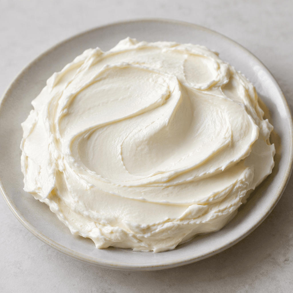 A smooth, thick, creamy white cheese with a glossy surface, spread in soft rounded swirls on a small plate, with a few gentle ridges visible from a knife or spoon.