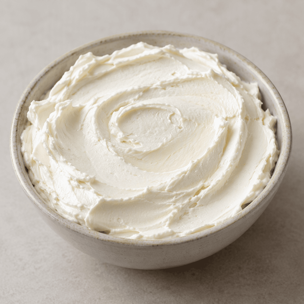 A thick, creamy white cheese with a smooth, softly spreadable texture sits in a shallow dish, its surface marked by gentle swirls.