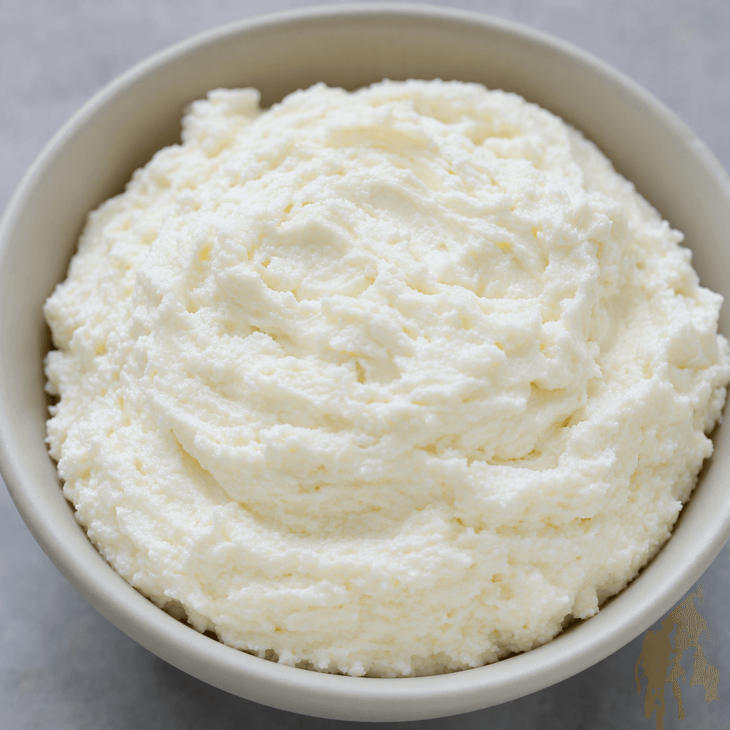 White, thick strained curd cheese with a soft, slightly grainy texture is mounded in a small bowl, with gentle swirls across its surface.