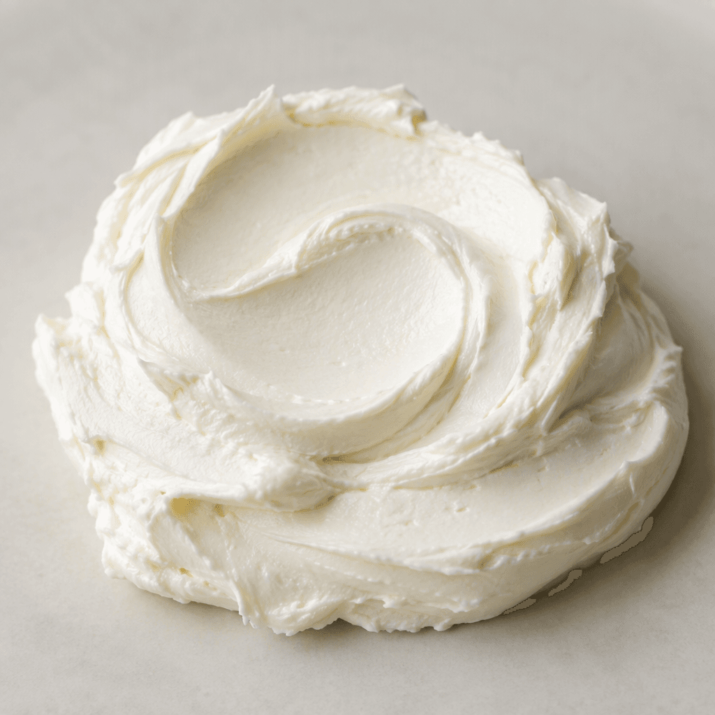 A smooth, creamy white cheese with a thick yet easily spreadable texture, served in a small mound or softly swirled spread with rounded edges and no visible chunks.