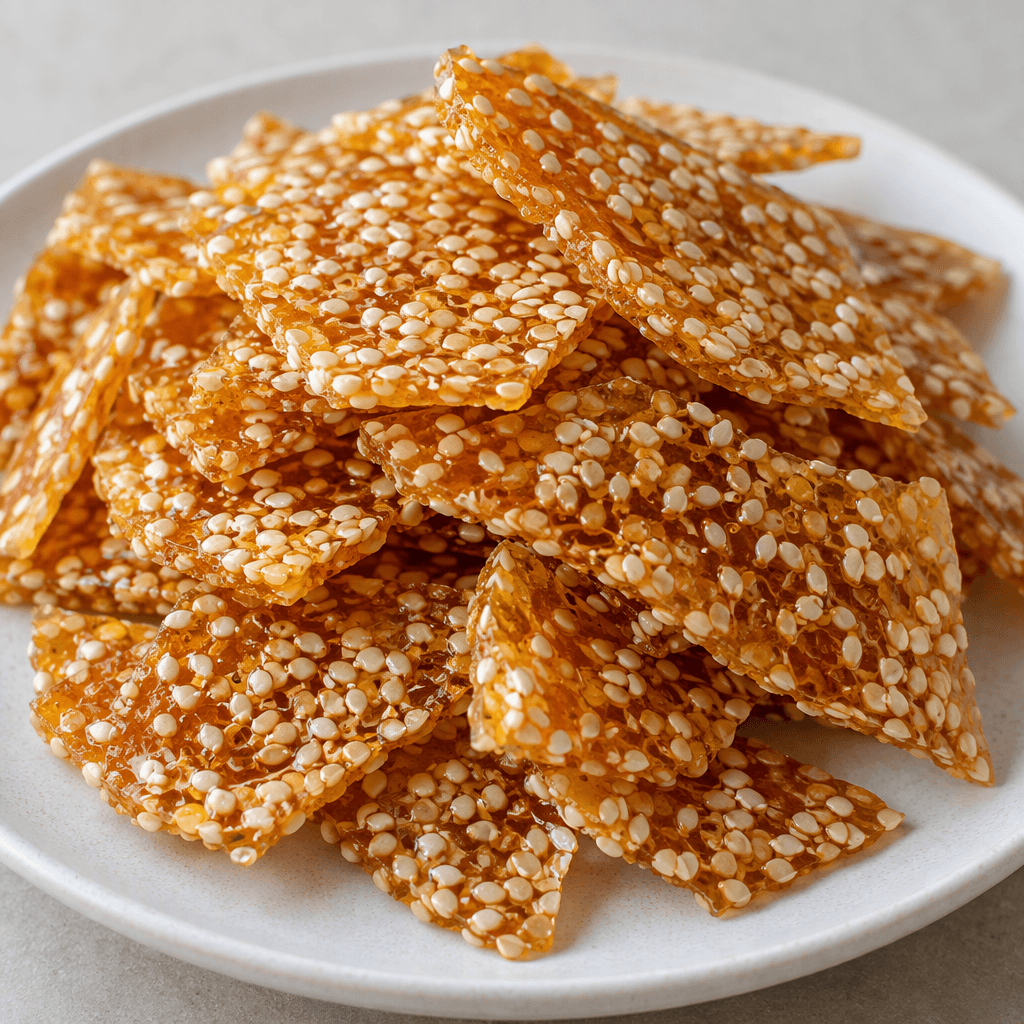 Thin, irregular shards of glossy golden-amber sugar brittle densely studded with ivory sesame seeds, loosely stacked on a plain plate.