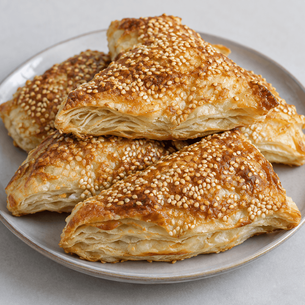 Golden-brown layers of flaky pastry are arranged in folded pieces, with a crisp, blistered surface densely sprinkled with pale sesame seeds and visible light-coloured layers along the edges, served on a plate.