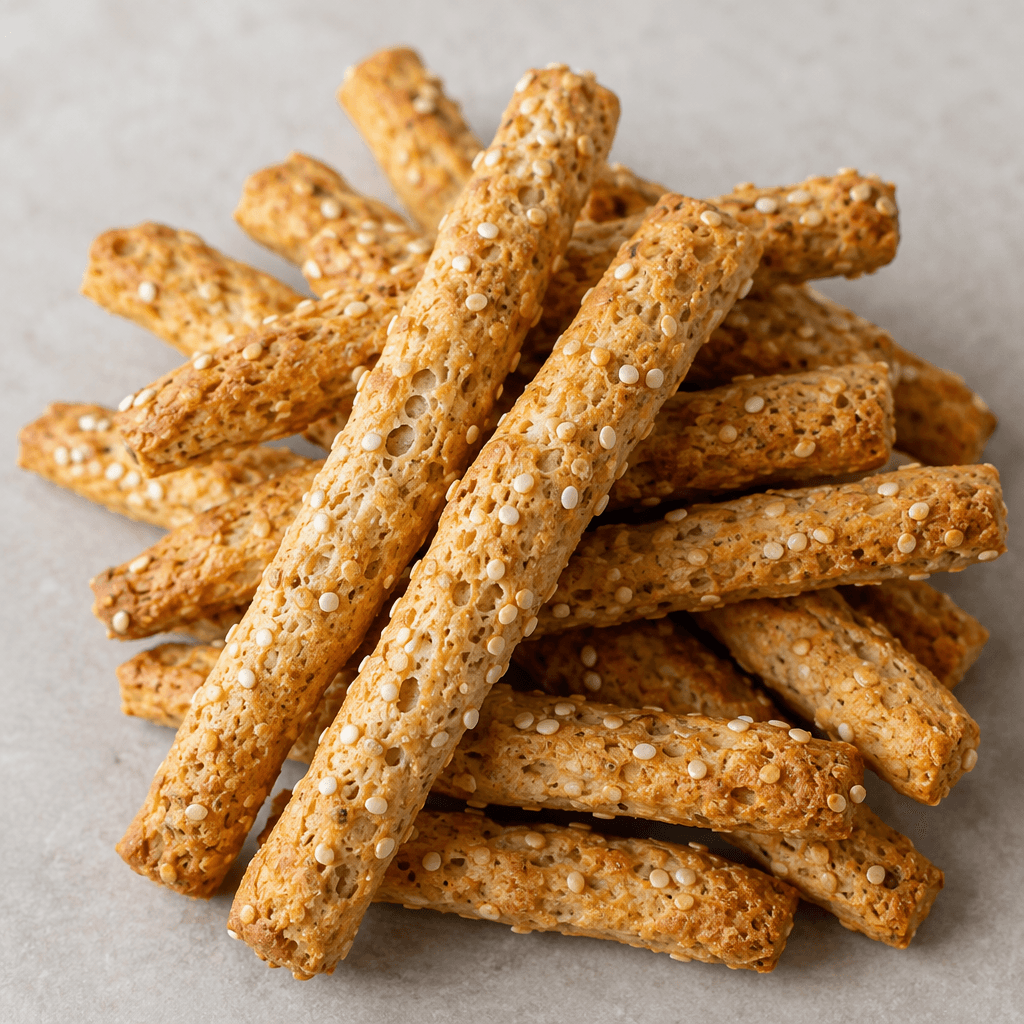 Slender, finger-length golden-brown baked crackers with a rough, porous surface and sesame seeds scattered across the exterior, arranged in a small pile.
