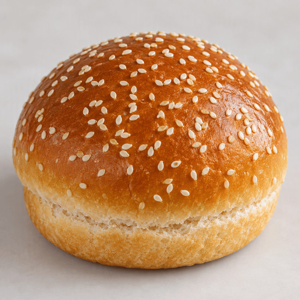 A round, thick hamburger bun with a domed golden-brown crust, a soft pale interior visible at the cut edge, and white sesame seeds scattered across its lightly glossy surface.