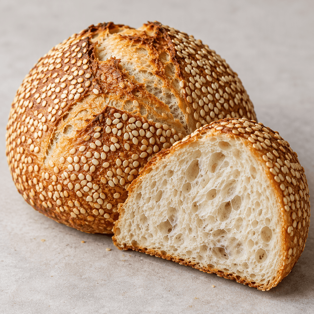 A small, round loaf of bread with a golden-brown crust densely scattered with pale sesame seeds, shown whole beside a cut piece with a soft, airy crumb.