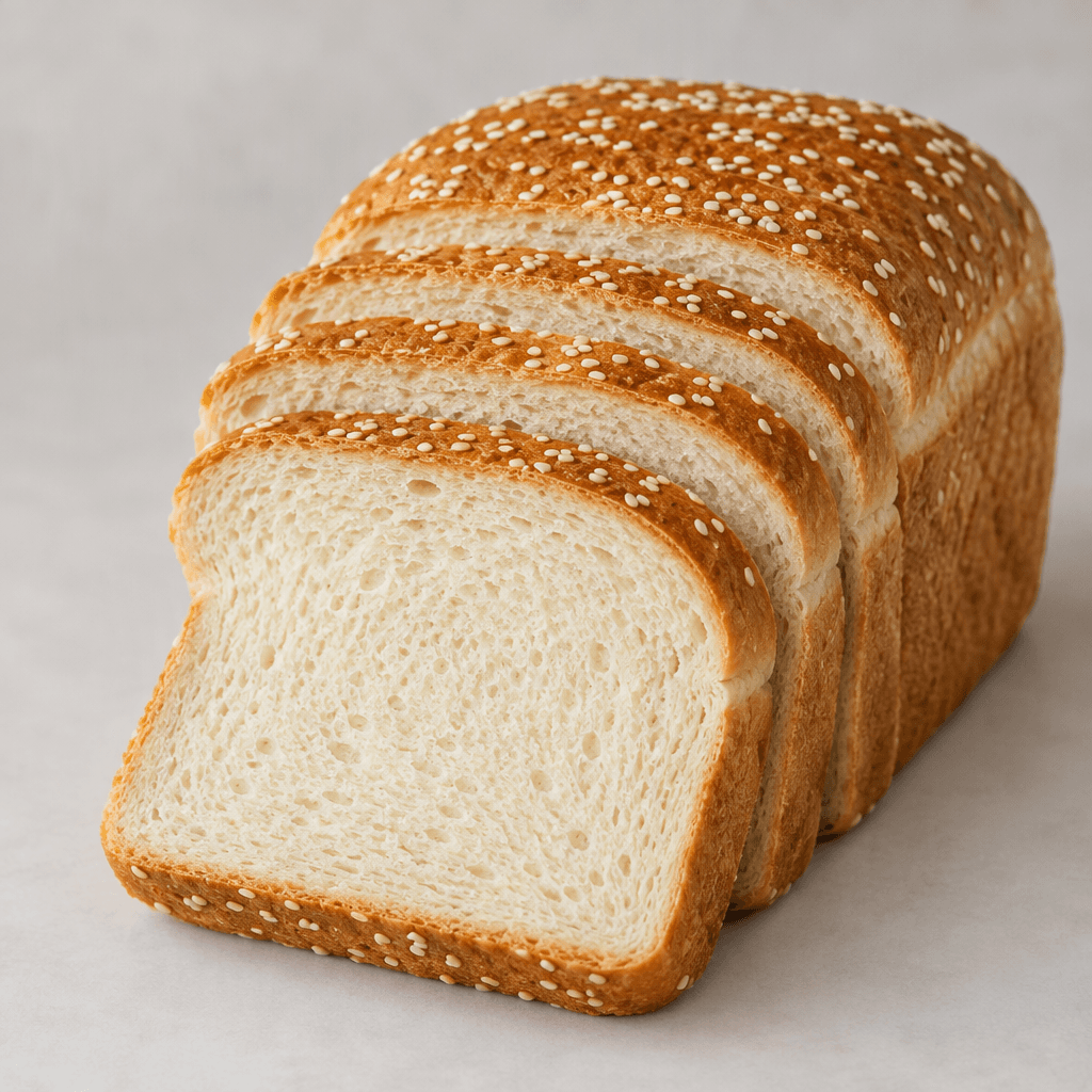 A thick, rectangular loaf of sesame sandwich bread with a golden-brown crust, a pale cream interior, and small white sesame seeds scattered across the top, shown in several even slices with a soft, fine-textured crumb.