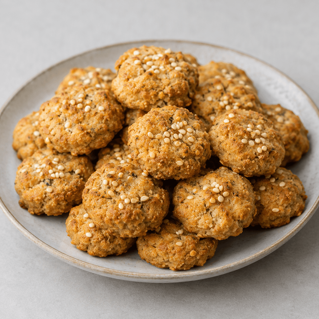 Small, round, golden-brown savory cookies with a slightly rough, crumbly surface scattered with pale sesame seeds, arranged on a serving plate.