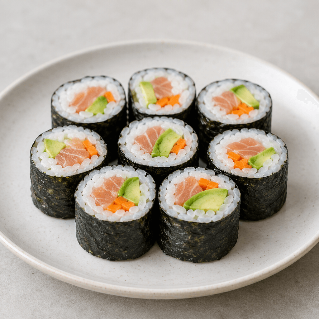 Short cylindrical pieces of compact white rice wrapped in dark green-black seaweed, with colorful fillings such as pale pink fish, green avocado, and orange carrot visible at the cut centers, arranged neatly on a plate.