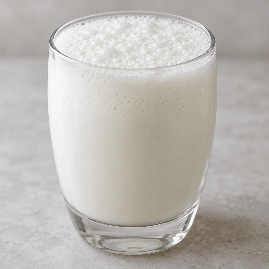 A pale white, pourable yogurt drink sits in a clear glass beneath a thick cap of fine, airy bubbles.