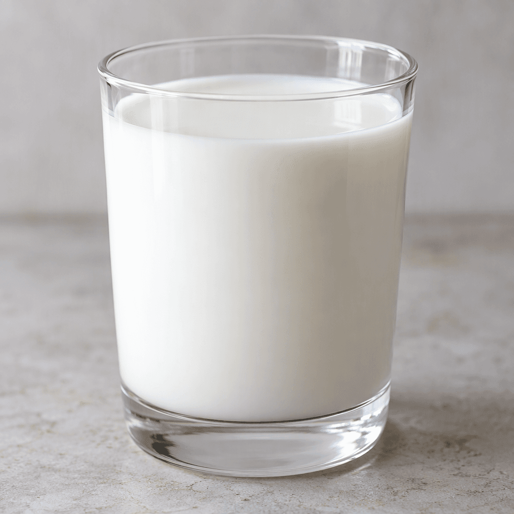 An opaque, smooth white liquid fills a clear glass, its surface catching a soft sheen.