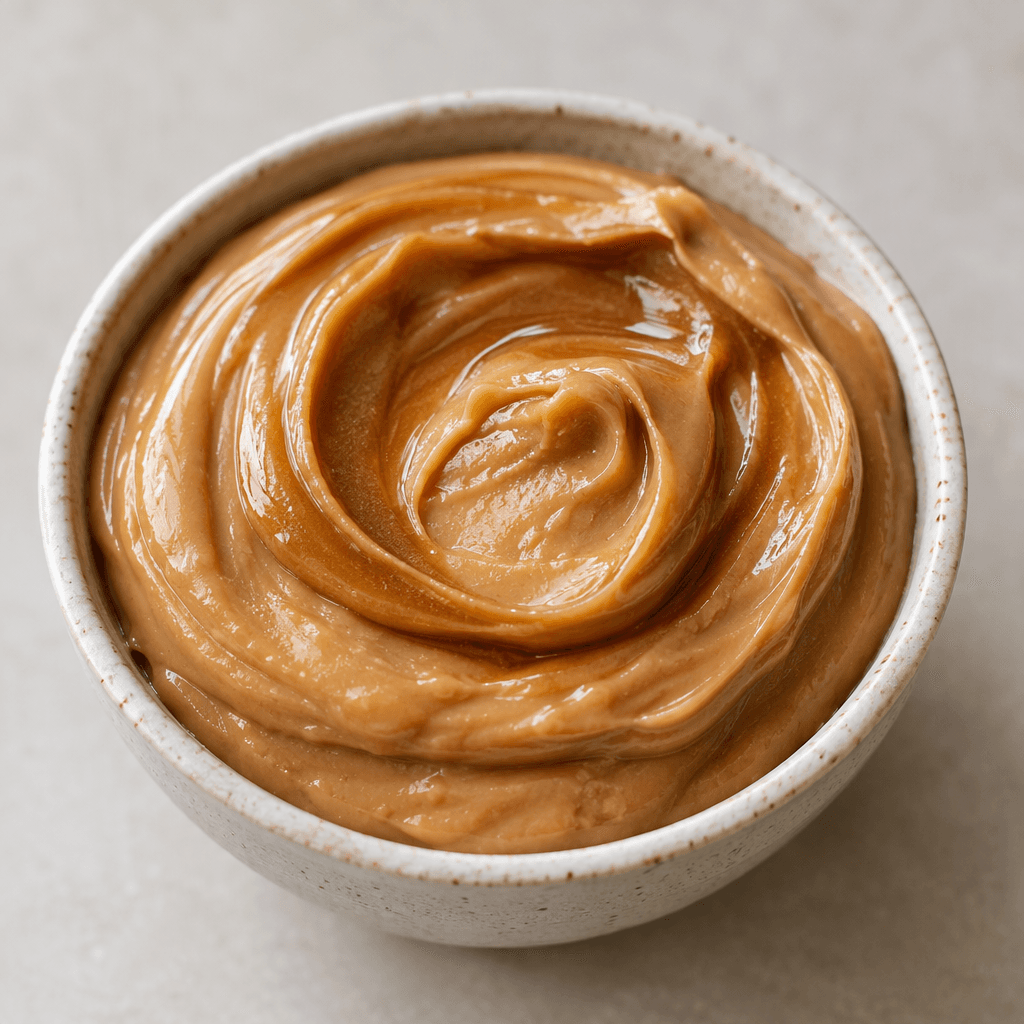 A thick, smooth, glossy light-brown spread with a slightly darker caramel-colored swirl, served in a small bowl.