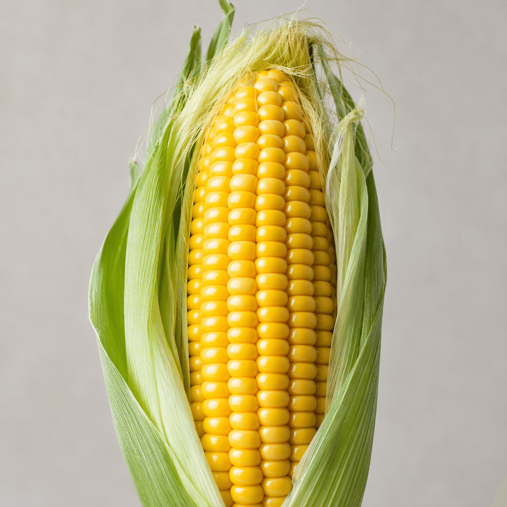 A whole sweet corn cob with tightly packed rows of glossy, plump golden-yellow kernels, partially or fully enclosed by layered pale-green husk leaves with fine, silky strands at the tip.