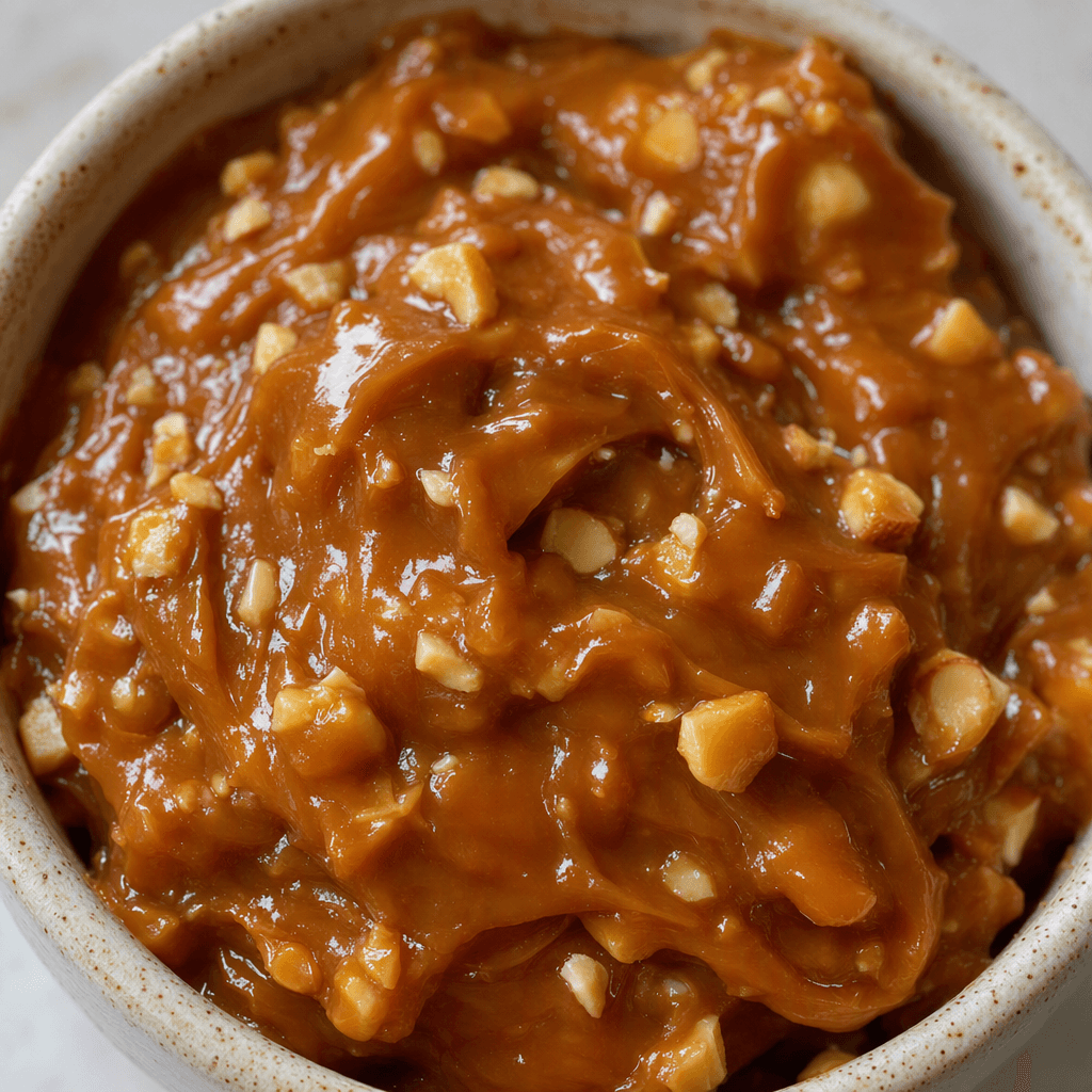 Thick, glossy caramel-brown milk jam with small chopped hazelnut pieces scattered throughout, served in a small dish.
